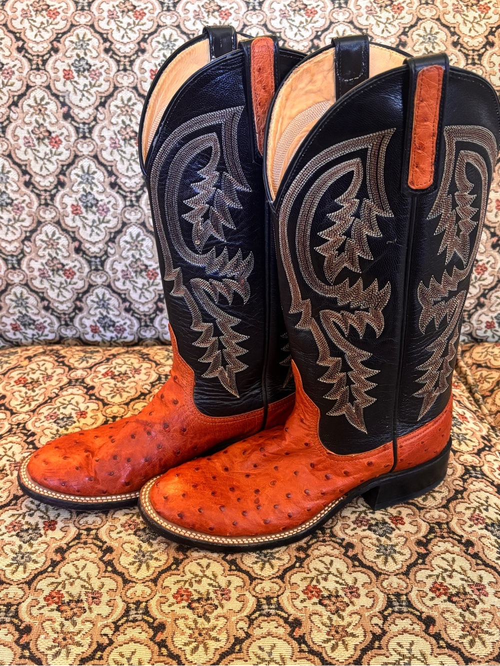 Anderson Bean Orange Ostrich & Black Embroidered Western Boots